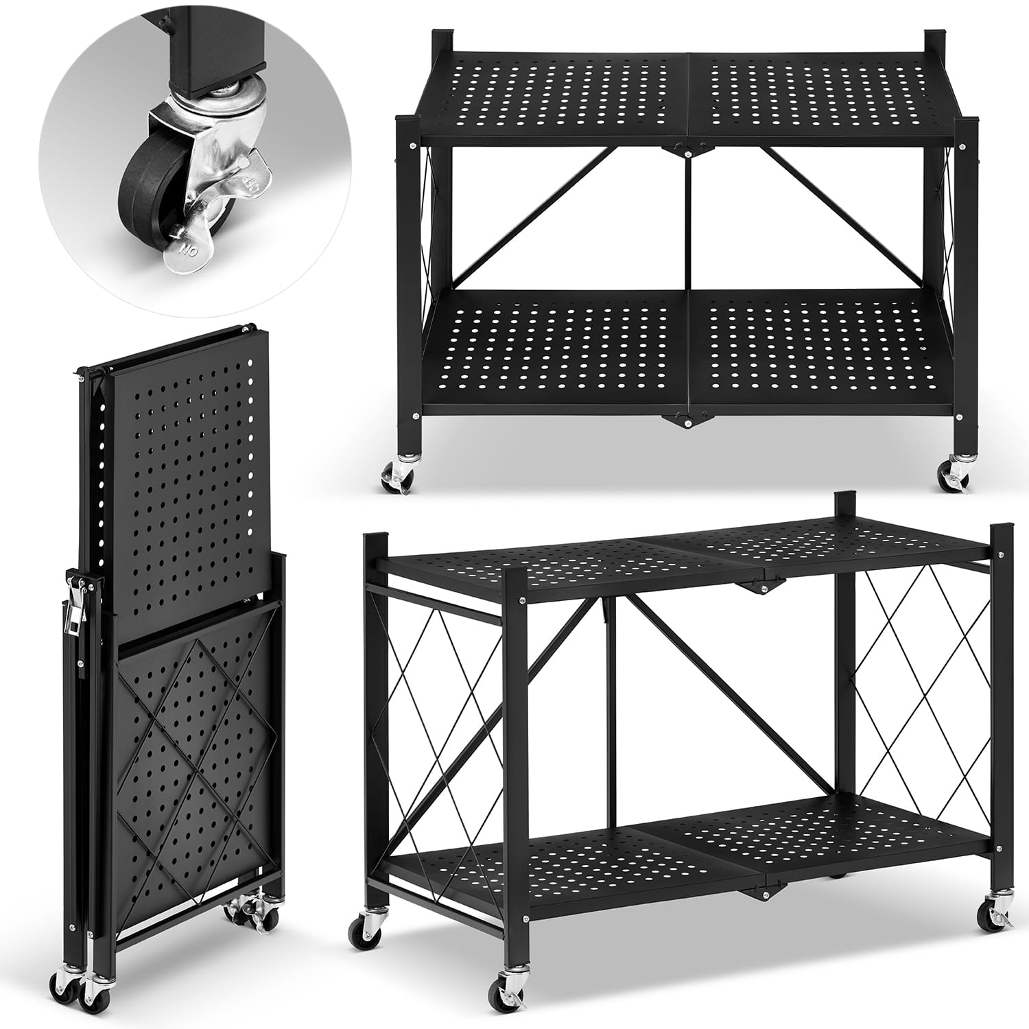 Metalen opbergrek op wielen - opvouwbaar - 2 planken - zwart