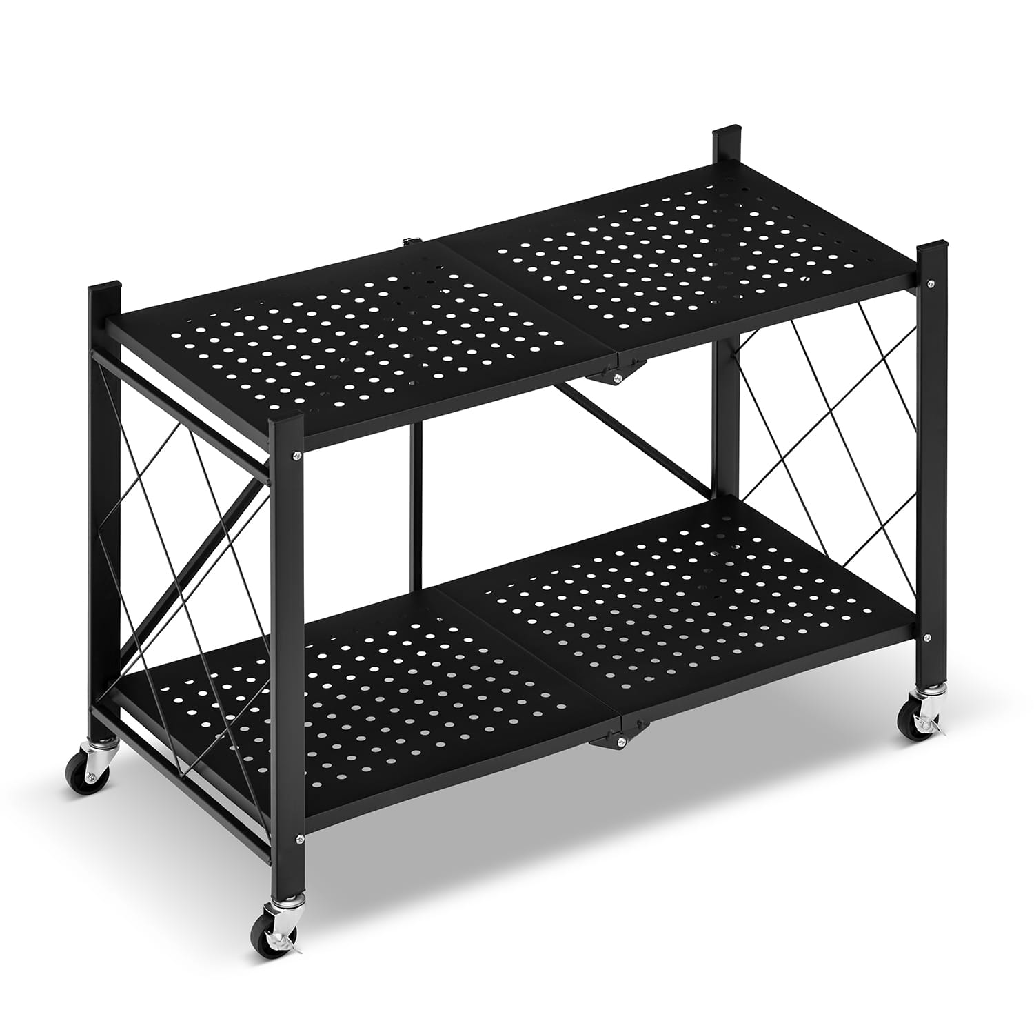 Metalen opbergrek op wielen - opvouwbaar - 2 planken - zwart