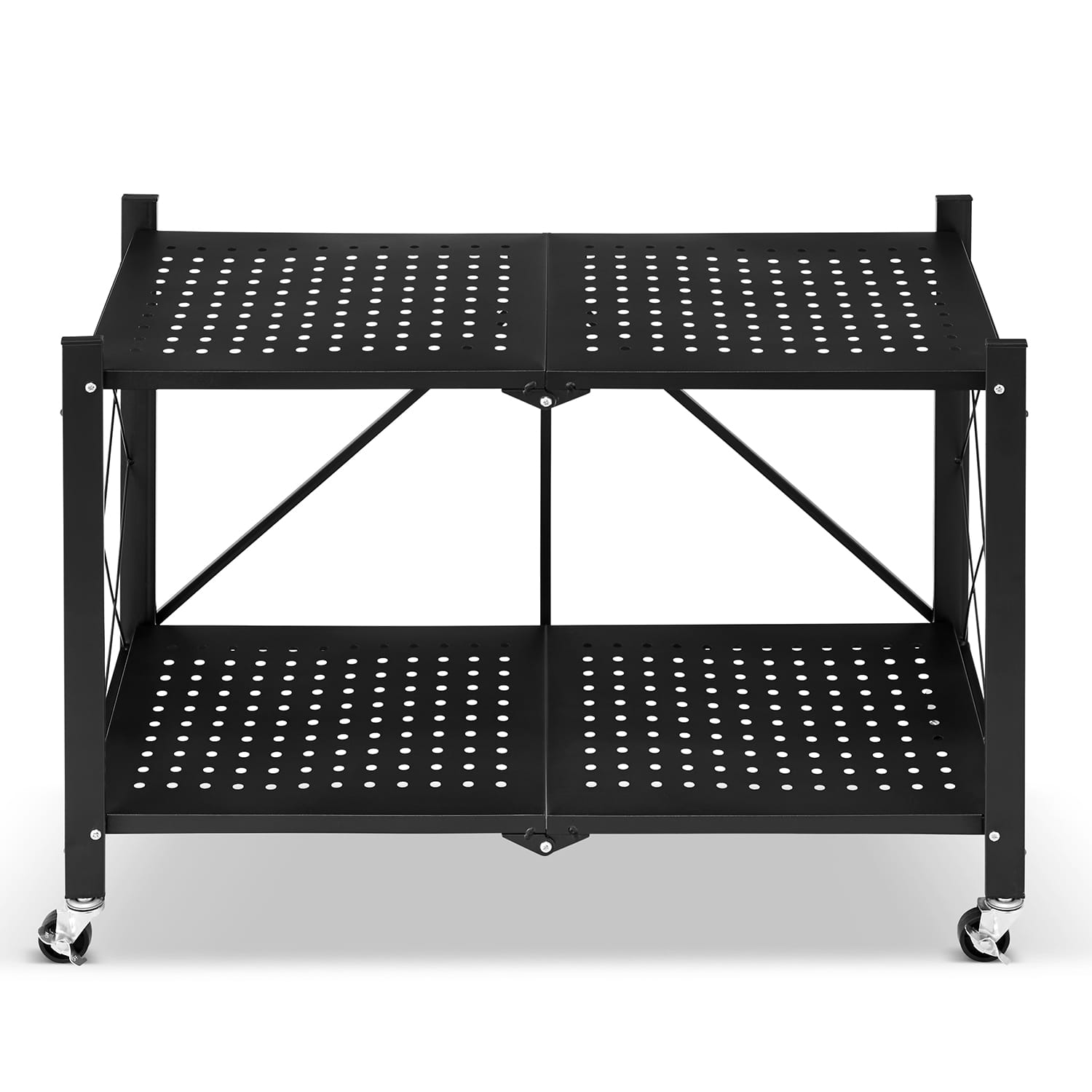 Metalen opbergrek op wielen - opvouwbaar - 2 planken - zwart
