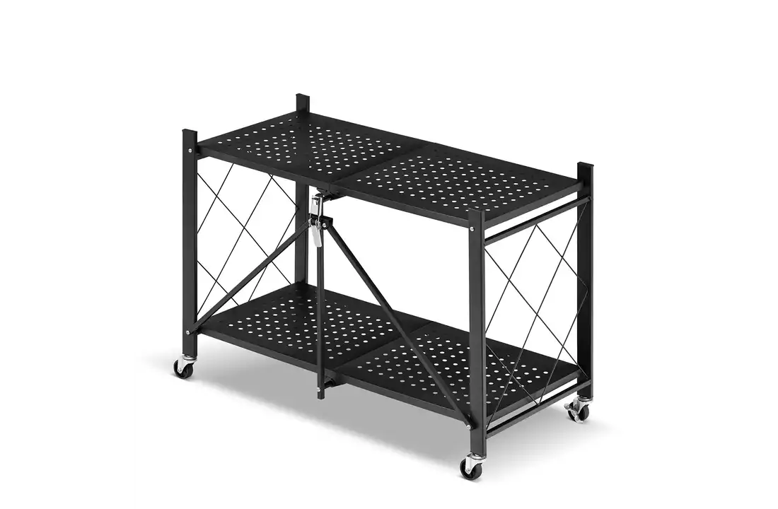 Metalen opbergrek op wielen - opvouwbaar - 2 planken - zwart