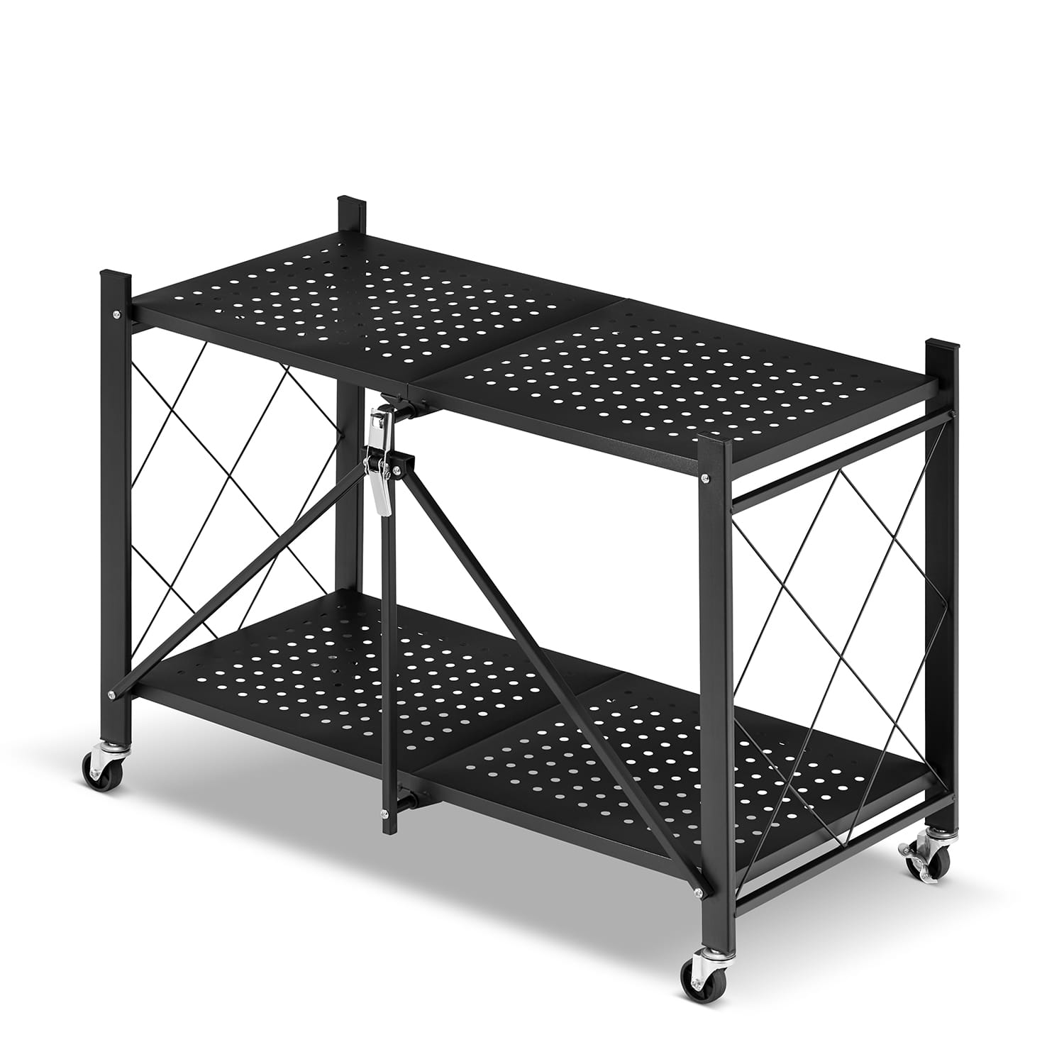 Metalen opbergrek op wielen - opvouwbaar - 2 planken - zwart