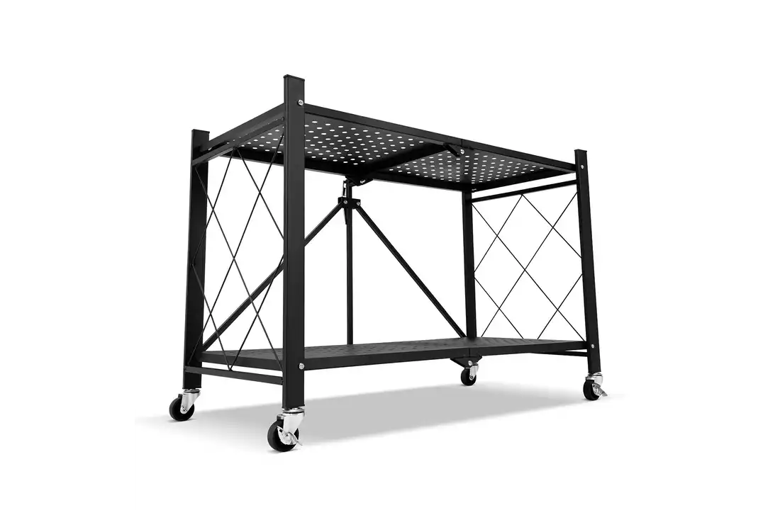 Metalen opbergrek op wielen - opvouwbaar - 2 planken - zwart