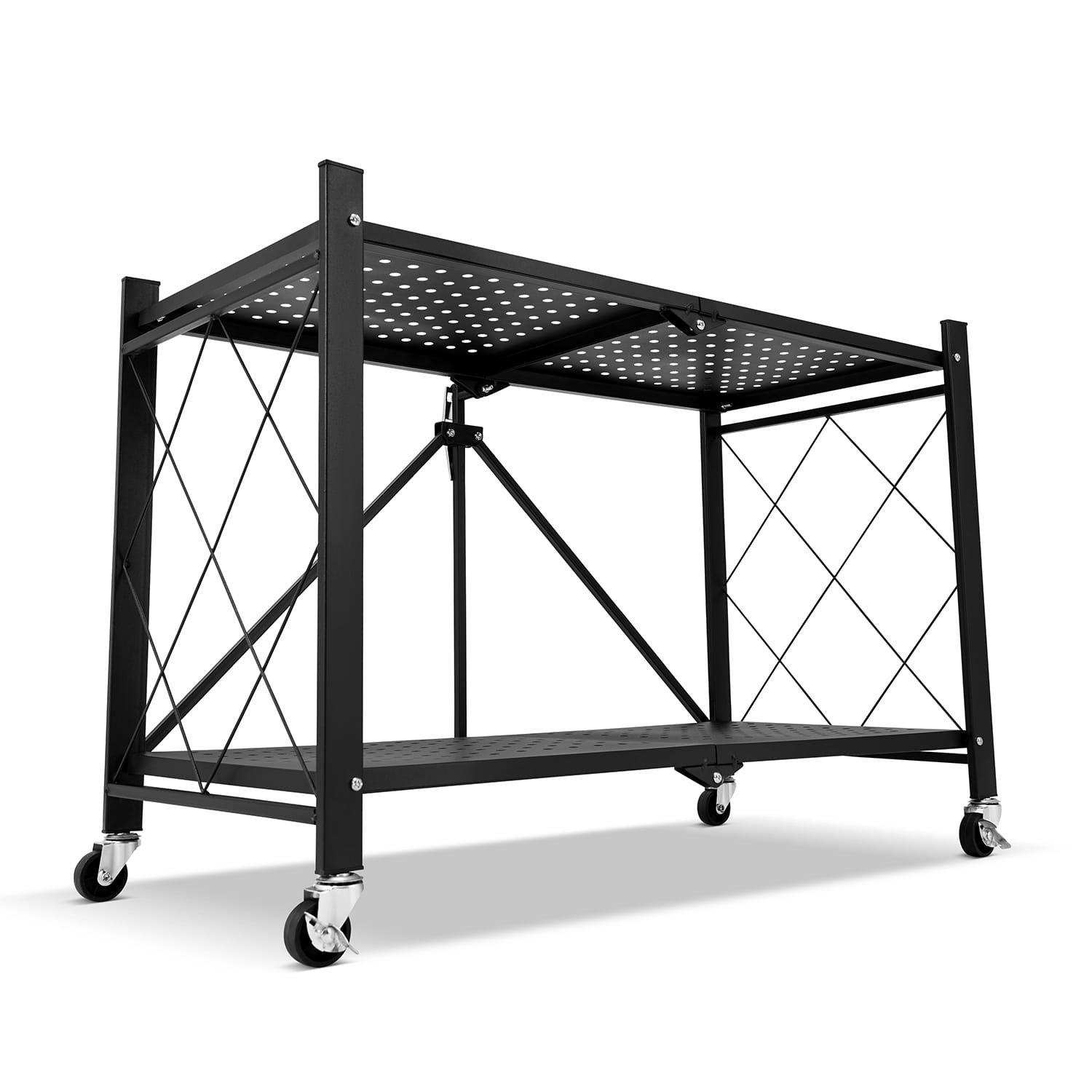 Metalen opbergrek op wielen - opvouwbaar - 2 planken - zwart