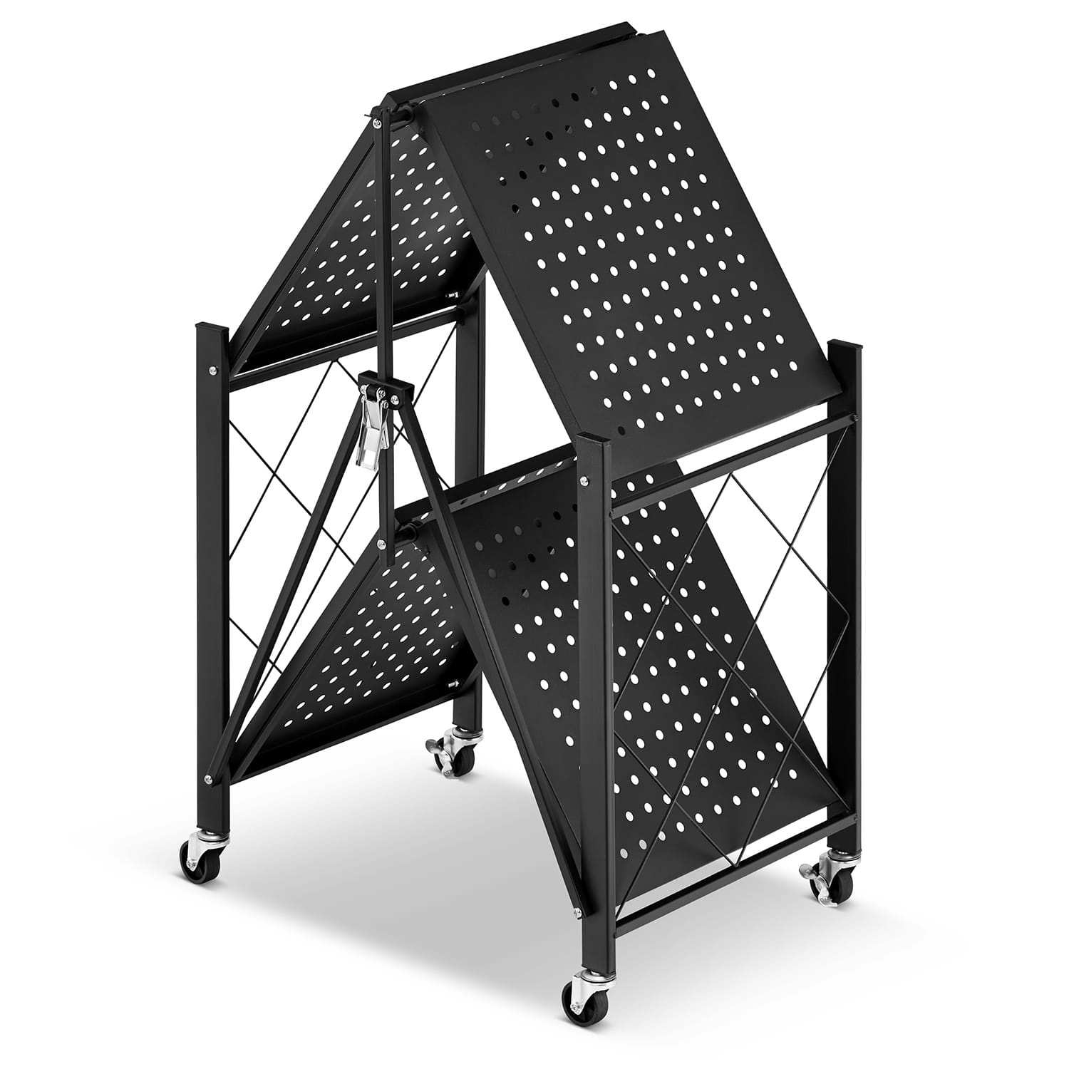 Metalen opbergrek op wielen - opvouwbaar - 2 planken - zwart