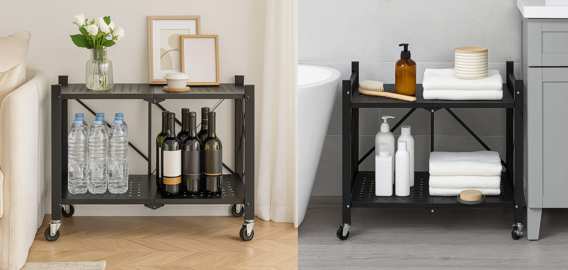 Metalen opbergrek op wielen - opvouwbaar - 2 planken - zwart