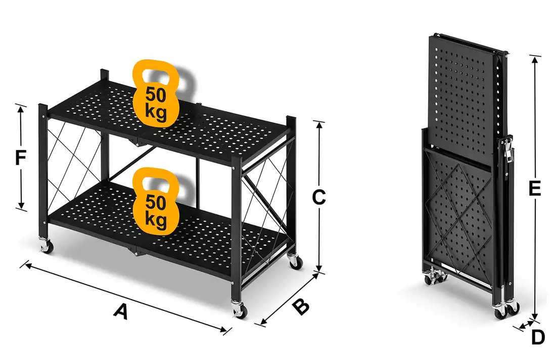 Metalen opbergrek op wielen - opvouwbaar - 2 planken - zwart