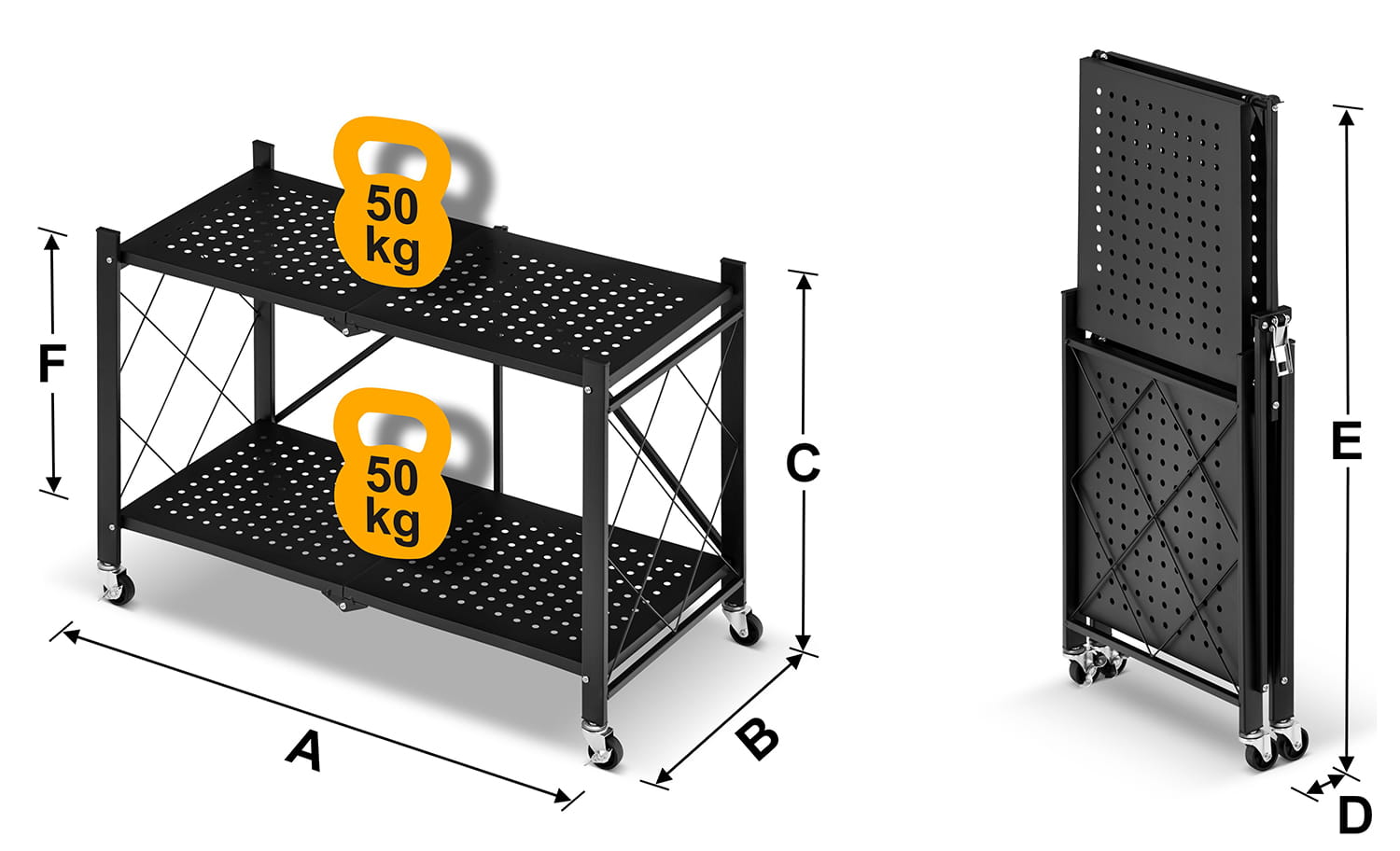 Metalen opbergrek op wielen - opvouwbaar - 2 planken - zwart