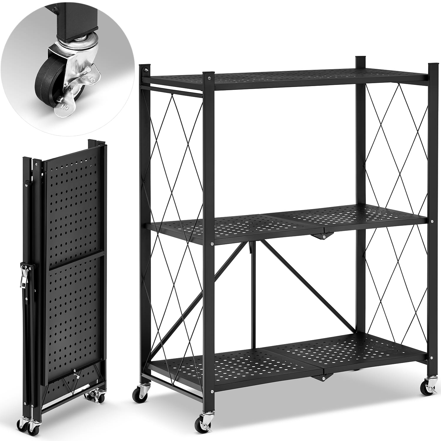 Metalen opbergrek op wielen - opvouwbaar - 3 planken - zwart