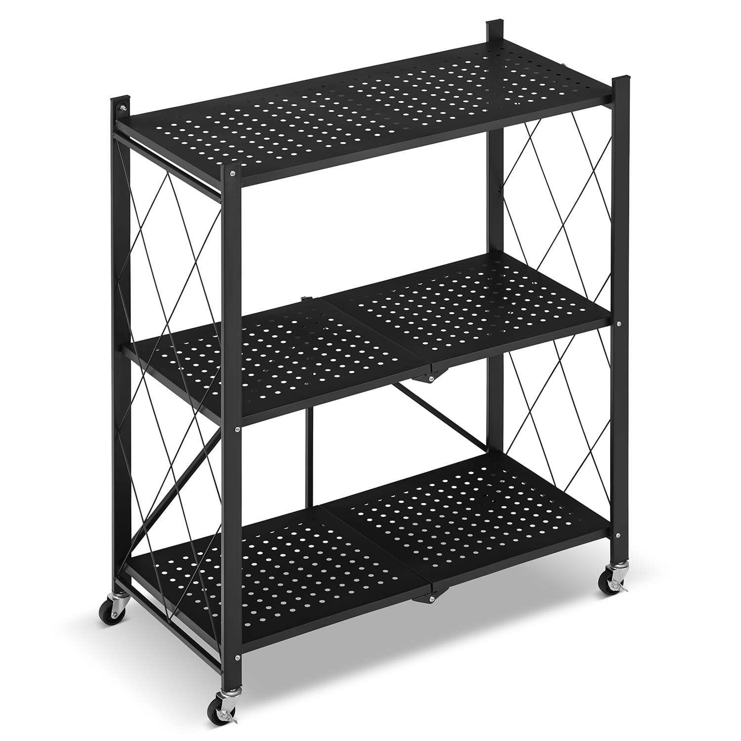 Metalen opbergrek op wielen - opvouwbaar - 3 planken - zwart