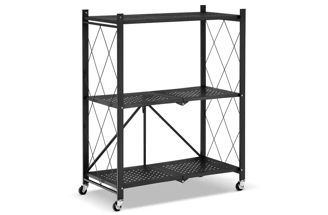 Metalen opbergrek op wielen - opvouwbaar - 3 planken - zwart