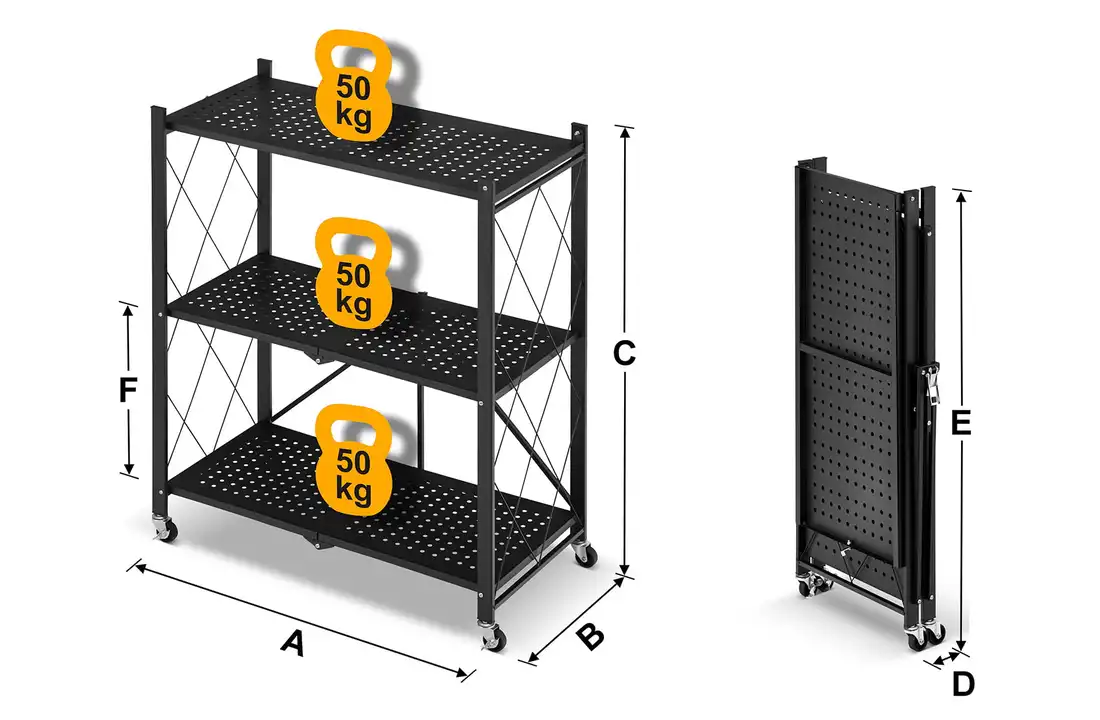 Metalen opbergrek op wielen - opvouwbaar - 3 planken - zwart