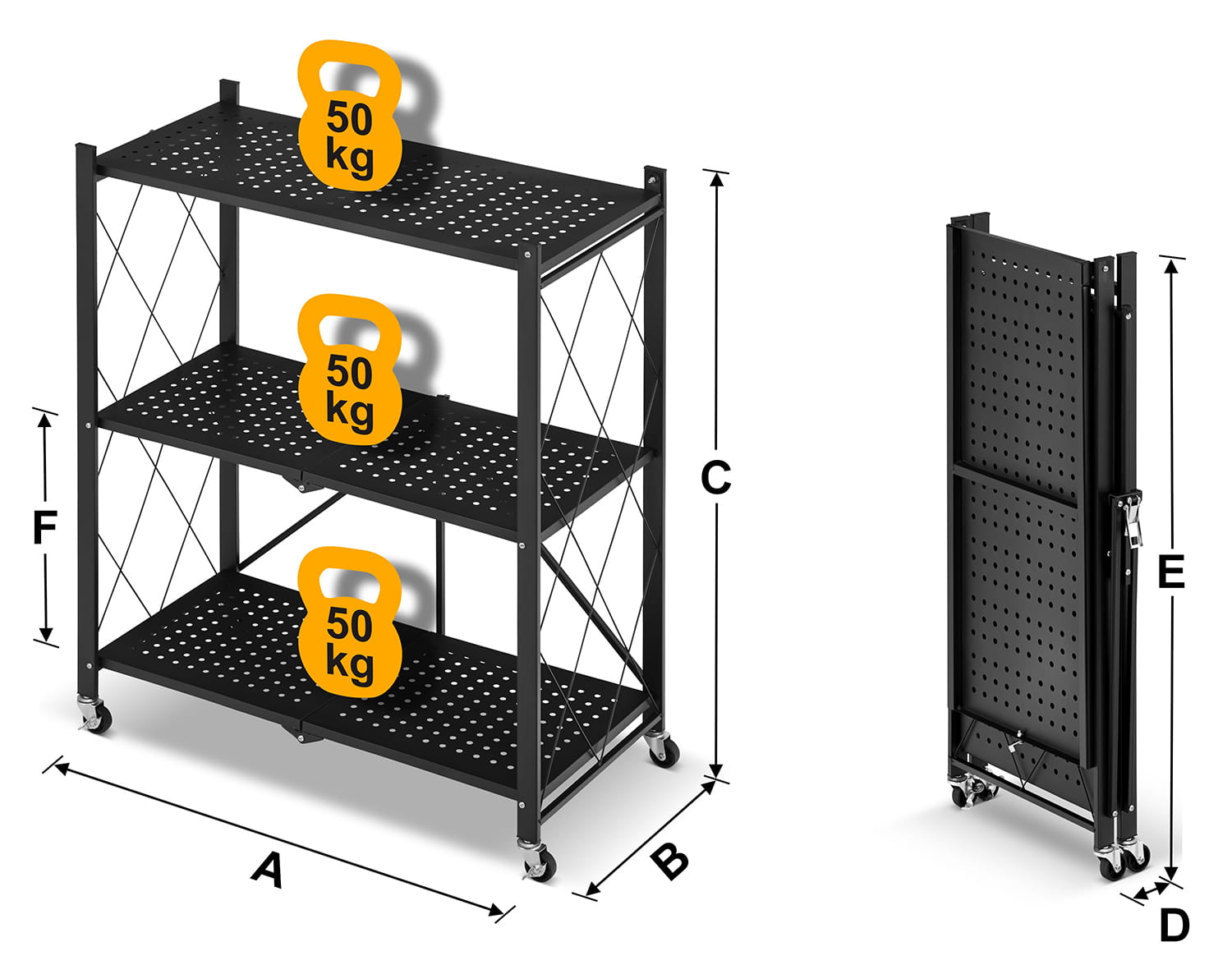 Metalen opbergrek op wielen - opvouwbaar - 3 planken - zwart