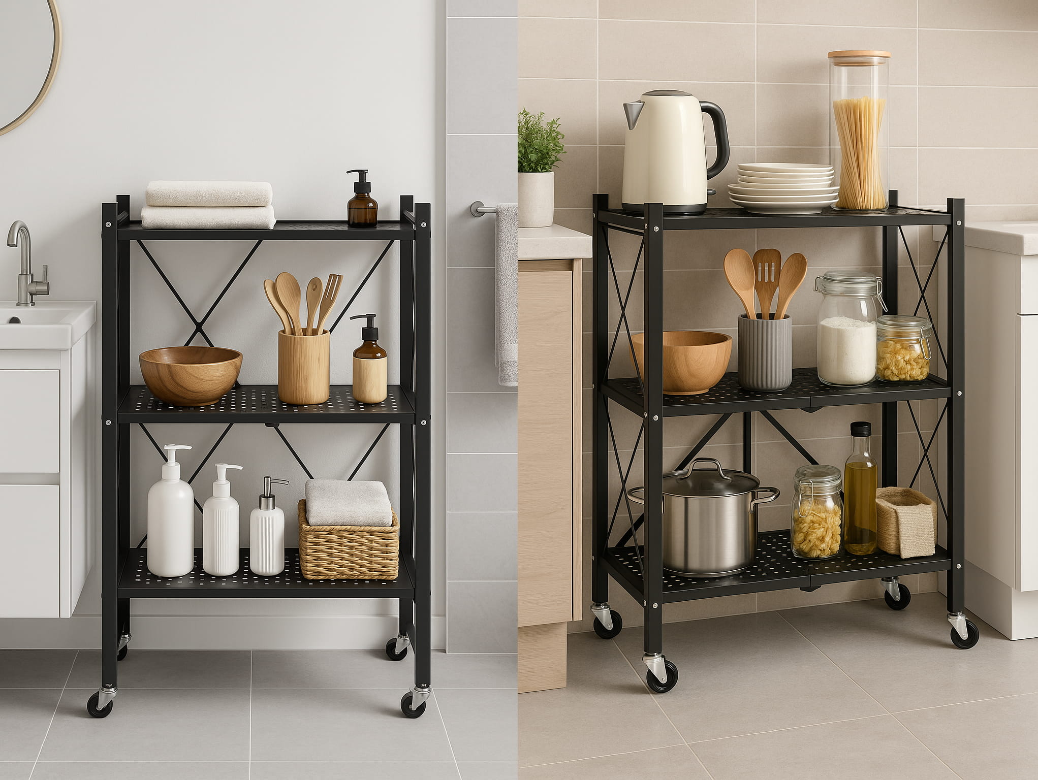 Metalen opbergrek op wielen - opvouwbaar - 3 planken - zwart