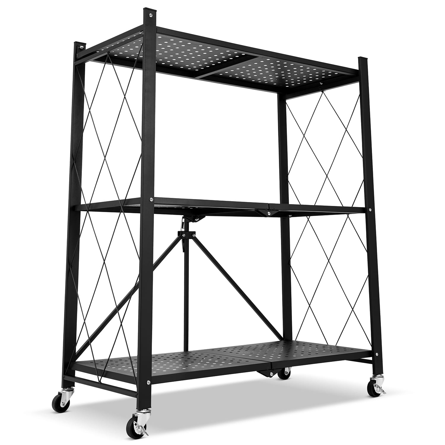 Metalen opbergrek op wielen - opvouwbaar - 3 planken - zwart