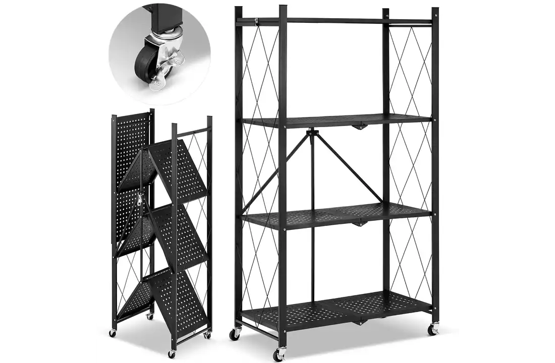 Metalen opbergrek op wielen - opvouwbaar - 4 planken - zwart