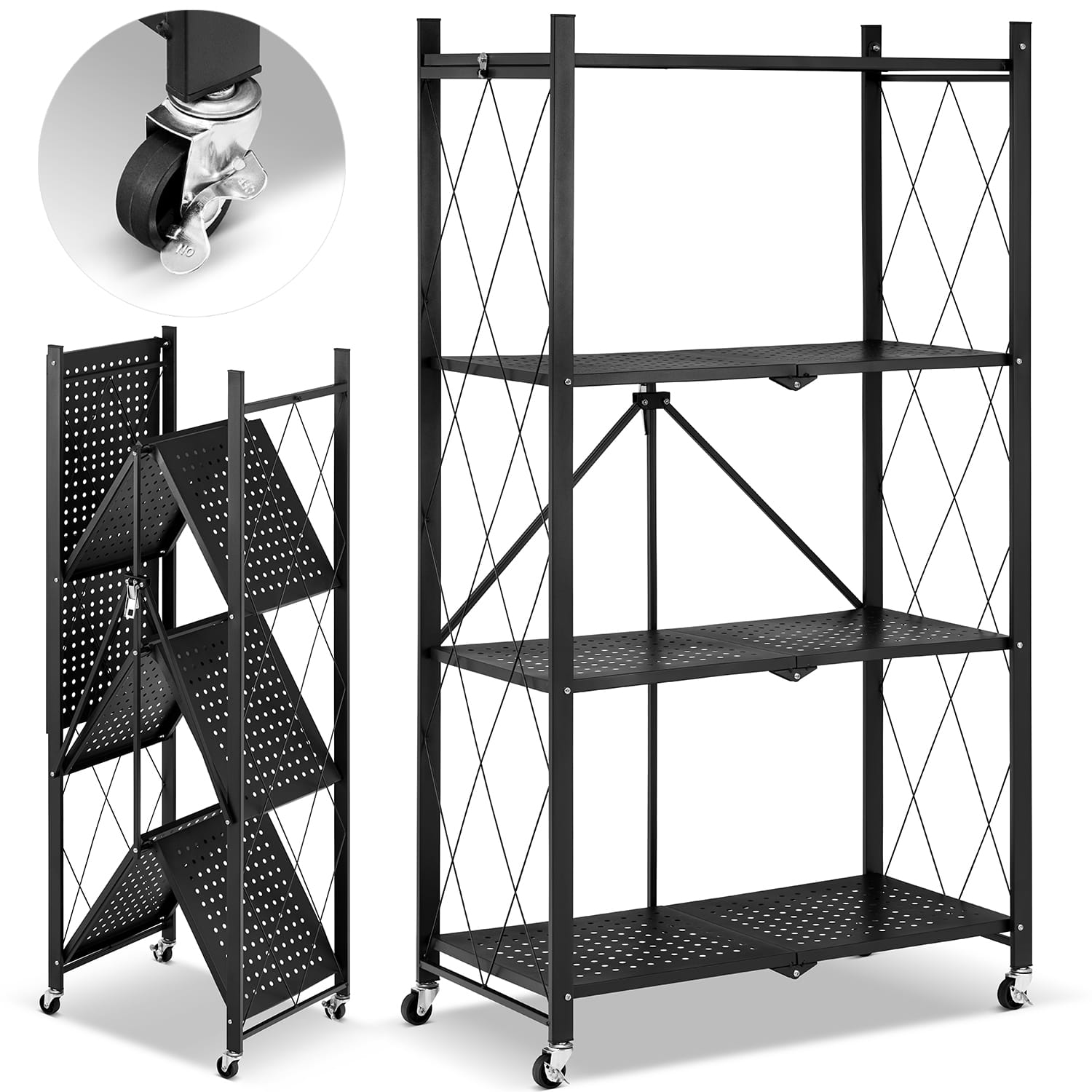 Metalen opbergrek op wielen - opvouwbaar - 4 planken - zwart