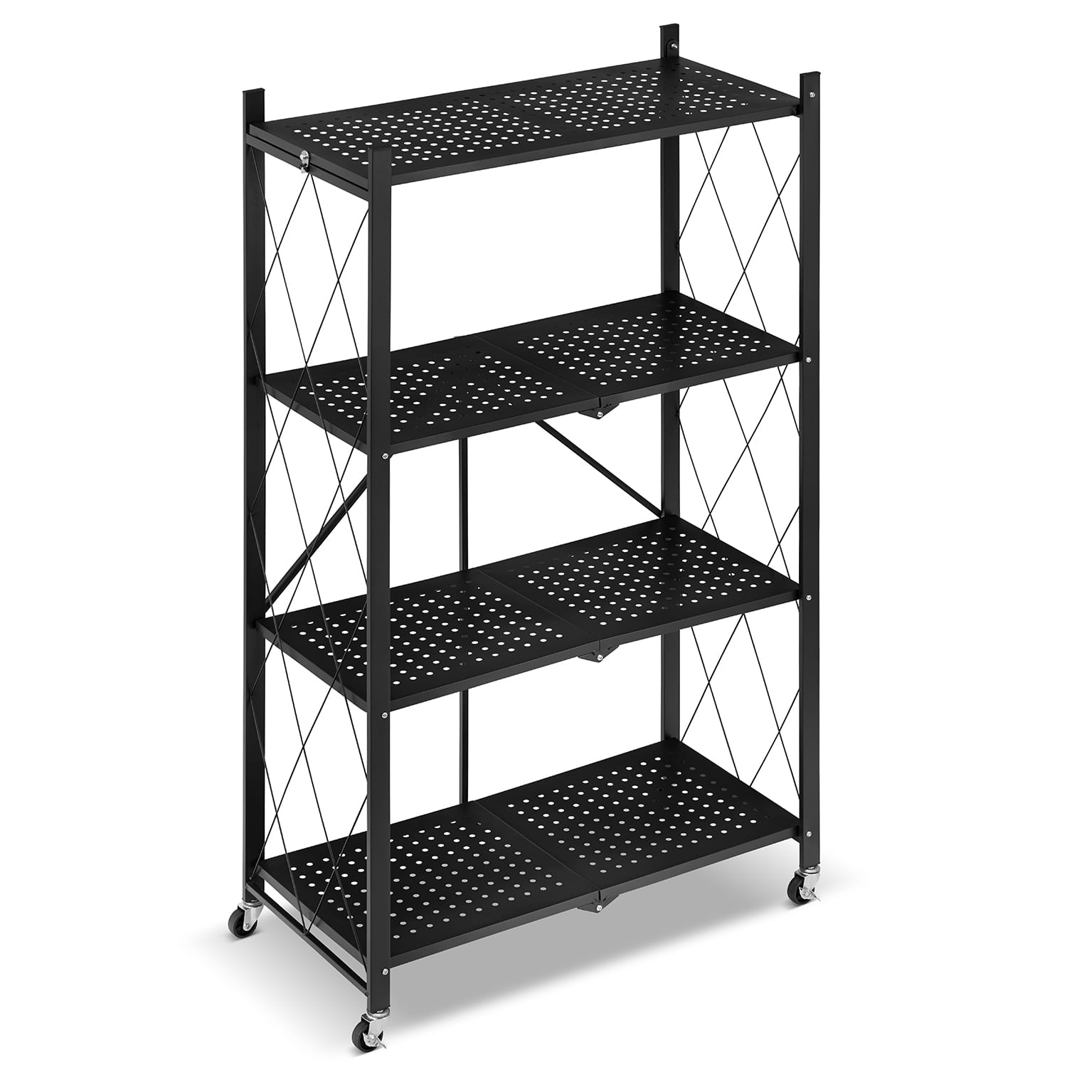 Metalen opbergrek op wielen - opvouwbaar - 4 planken - zwart