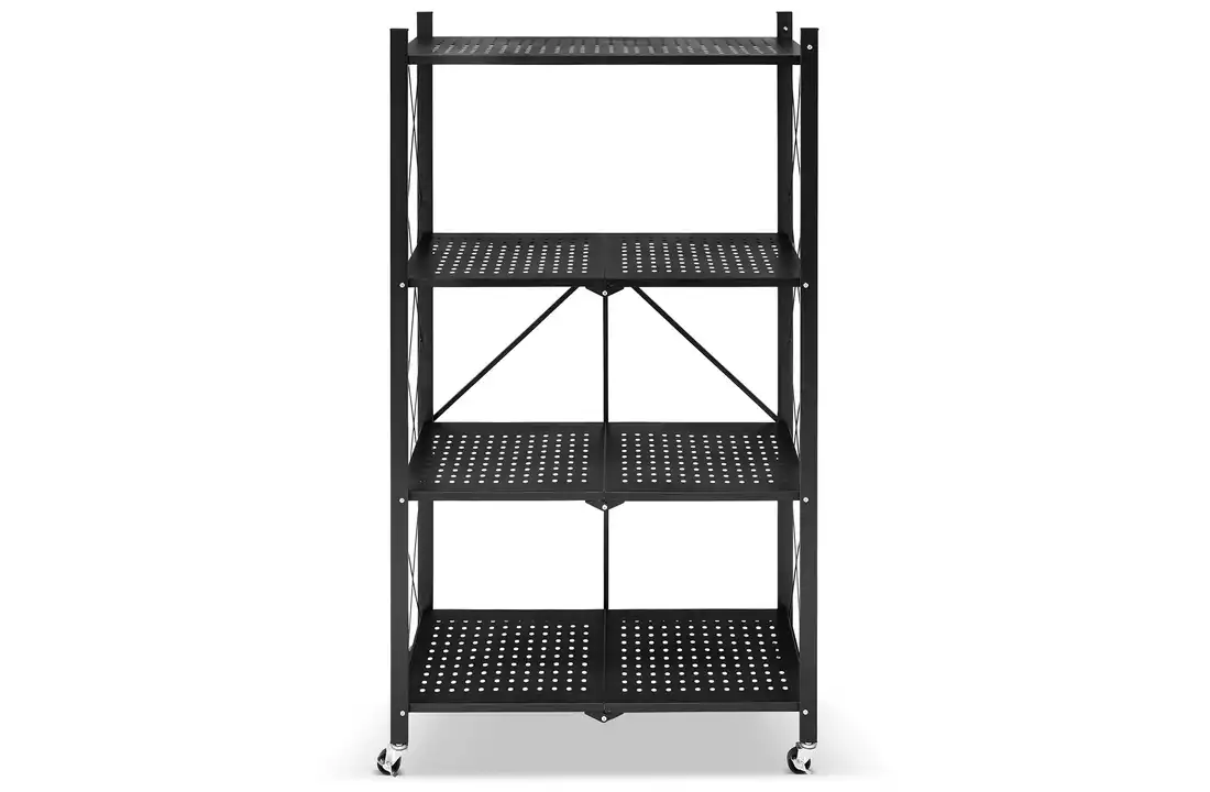 Metalen opbergrek op wielen - opvouwbaar - 4 planken - zwart