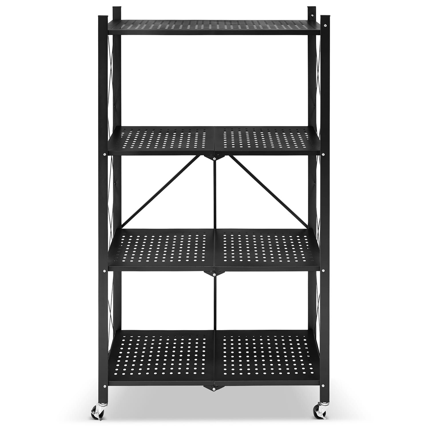 Metalen opbergrek op wielen - opvouwbaar - 4 planken - zwart