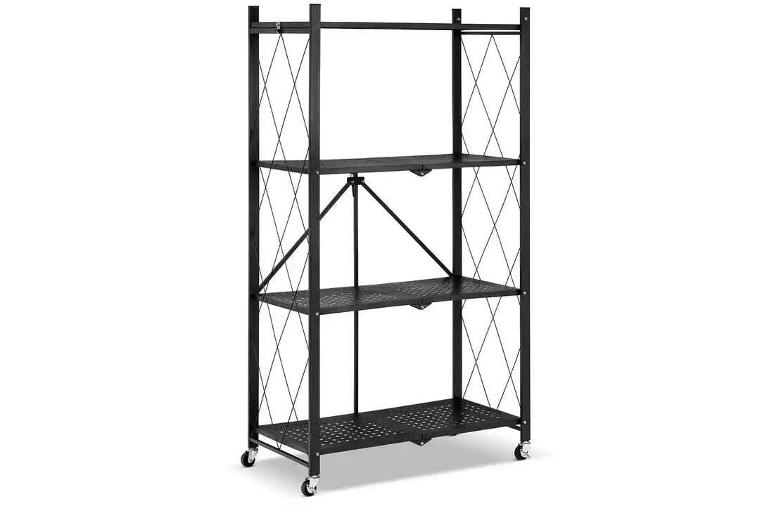 Metalen opbergrek op wielen - opvouwbaar - 4 planken - zwart