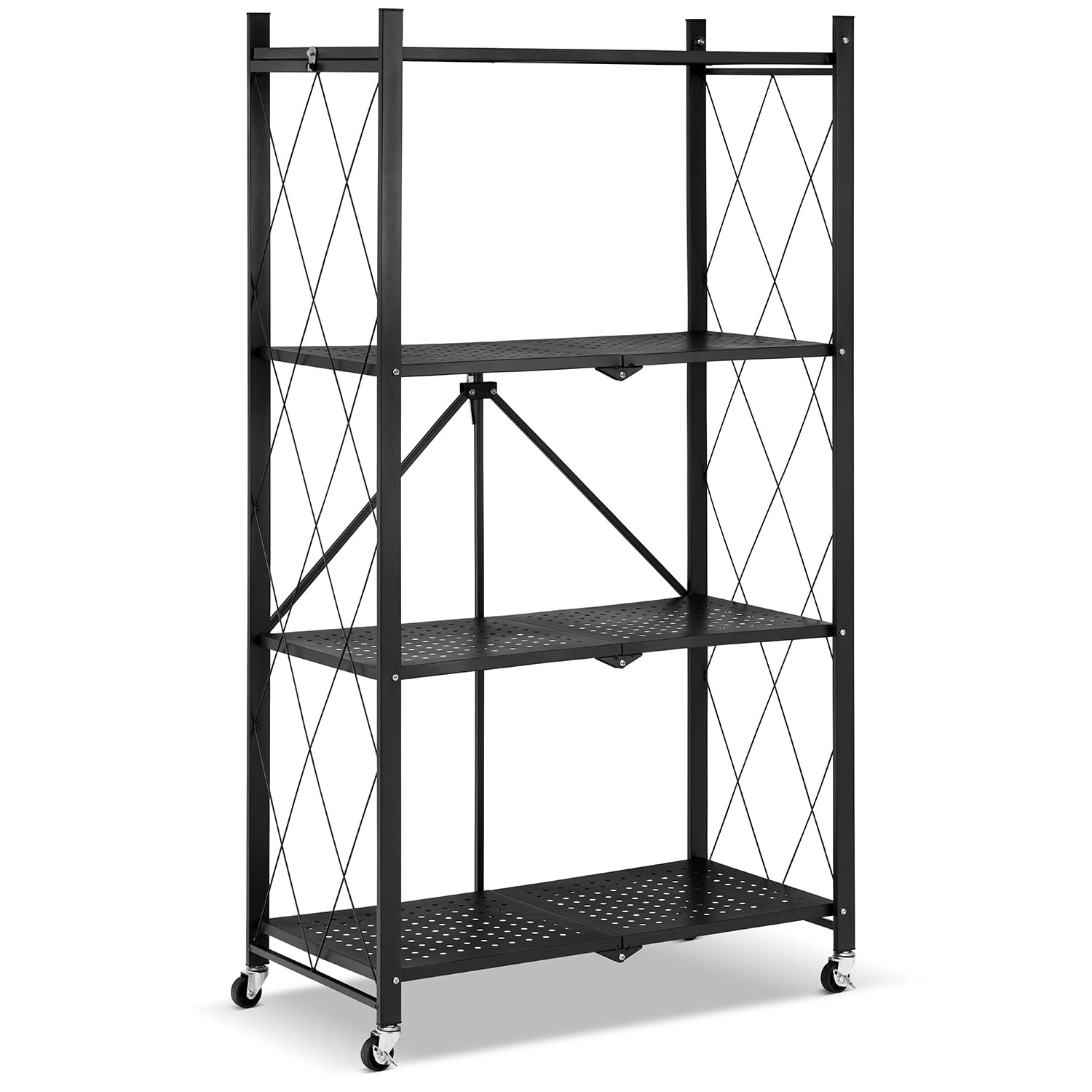 Metalen opbergrek op wielen - opvouwbaar - 4 planken - zwart