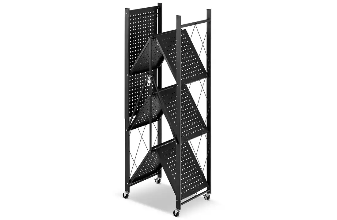 Metalen opbergrek op wielen - opvouwbaar - 4 planken - zwart