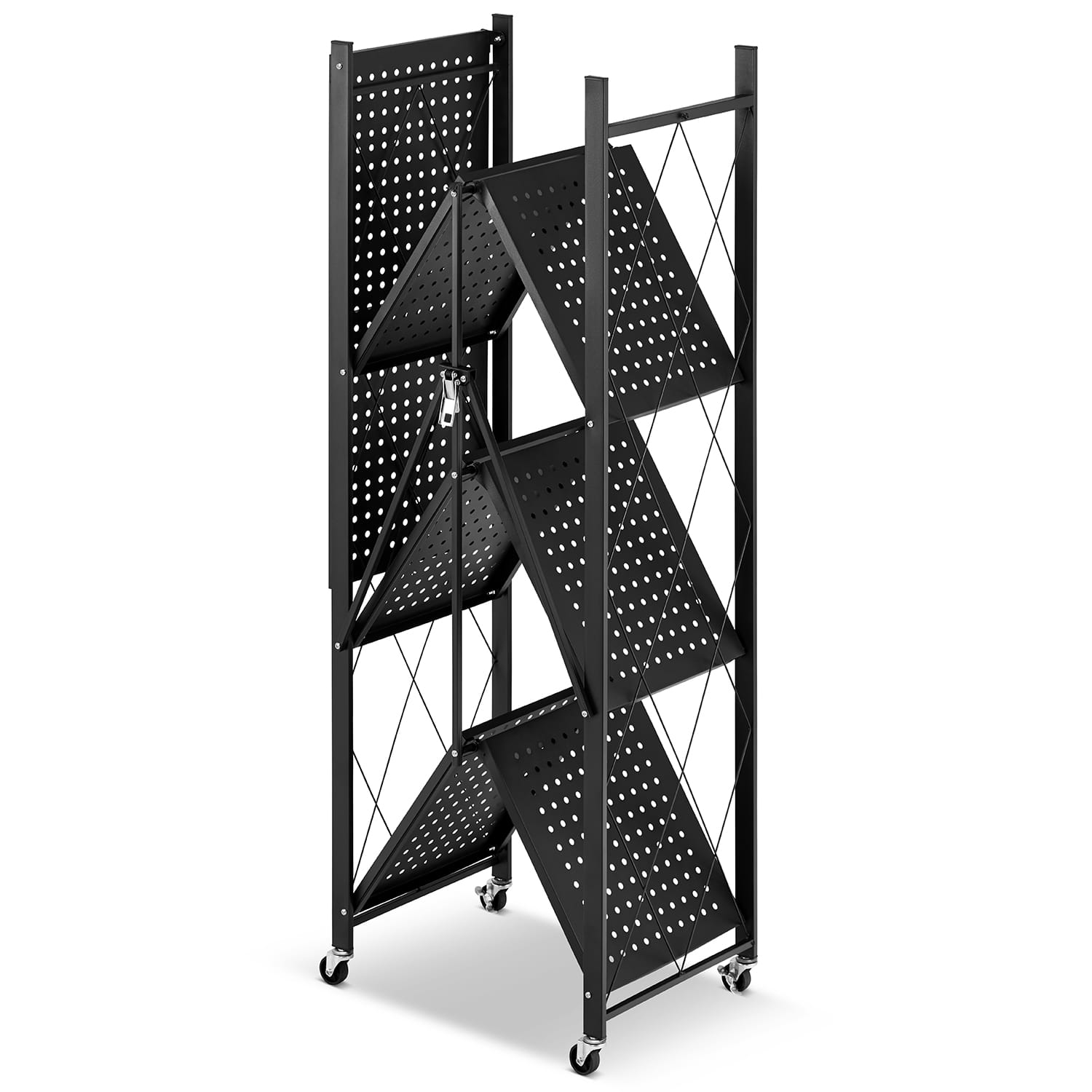 Metalen opbergrek op wielen - opvouwbaar - 4 planken - zwart