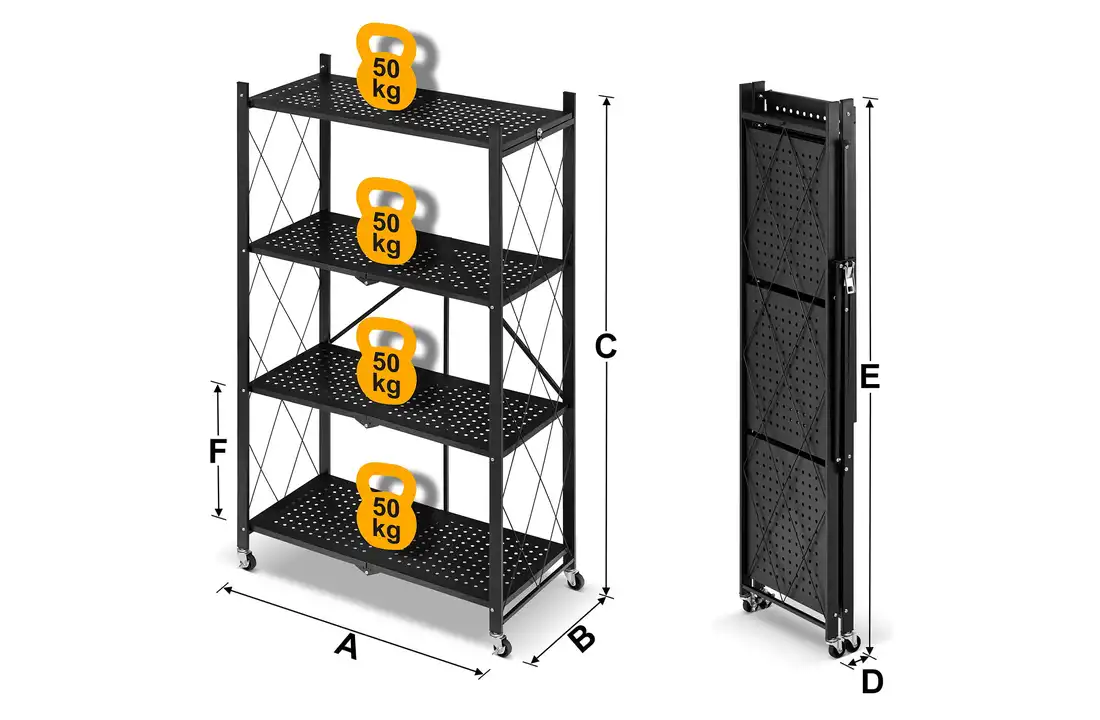 Metalen opbergrek op wielen - opvouwbaar - 4 planken - zwart