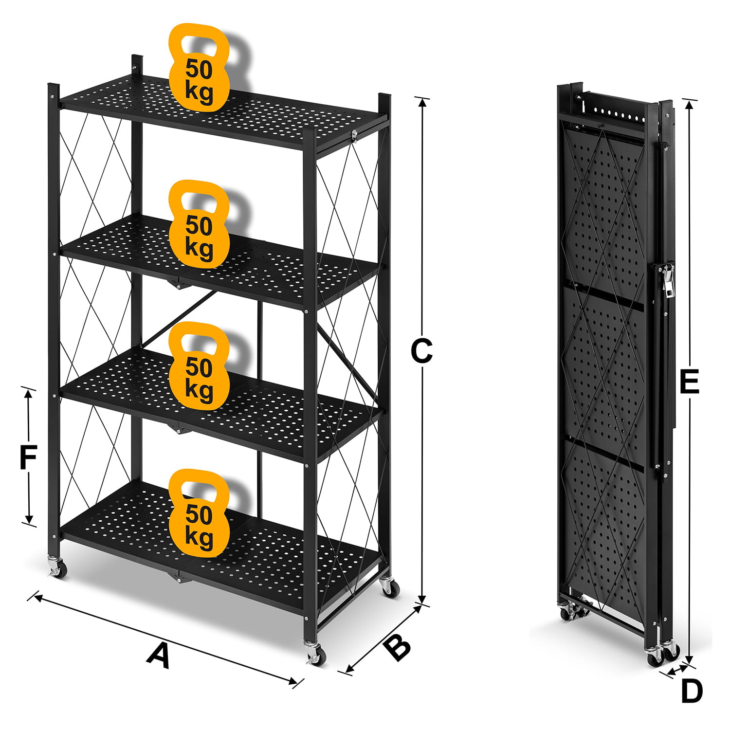 Metalen opbergrek op wielen - opvouwbaar - 4 planken - zwart