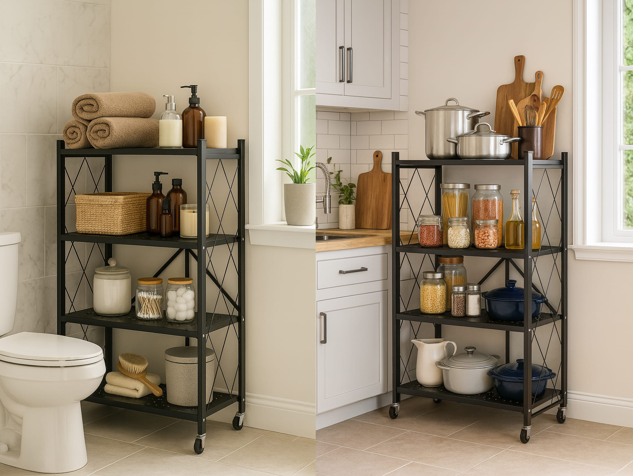 Metalen opbergrek op wielen - opvouwbaar - 4 planken - zwart