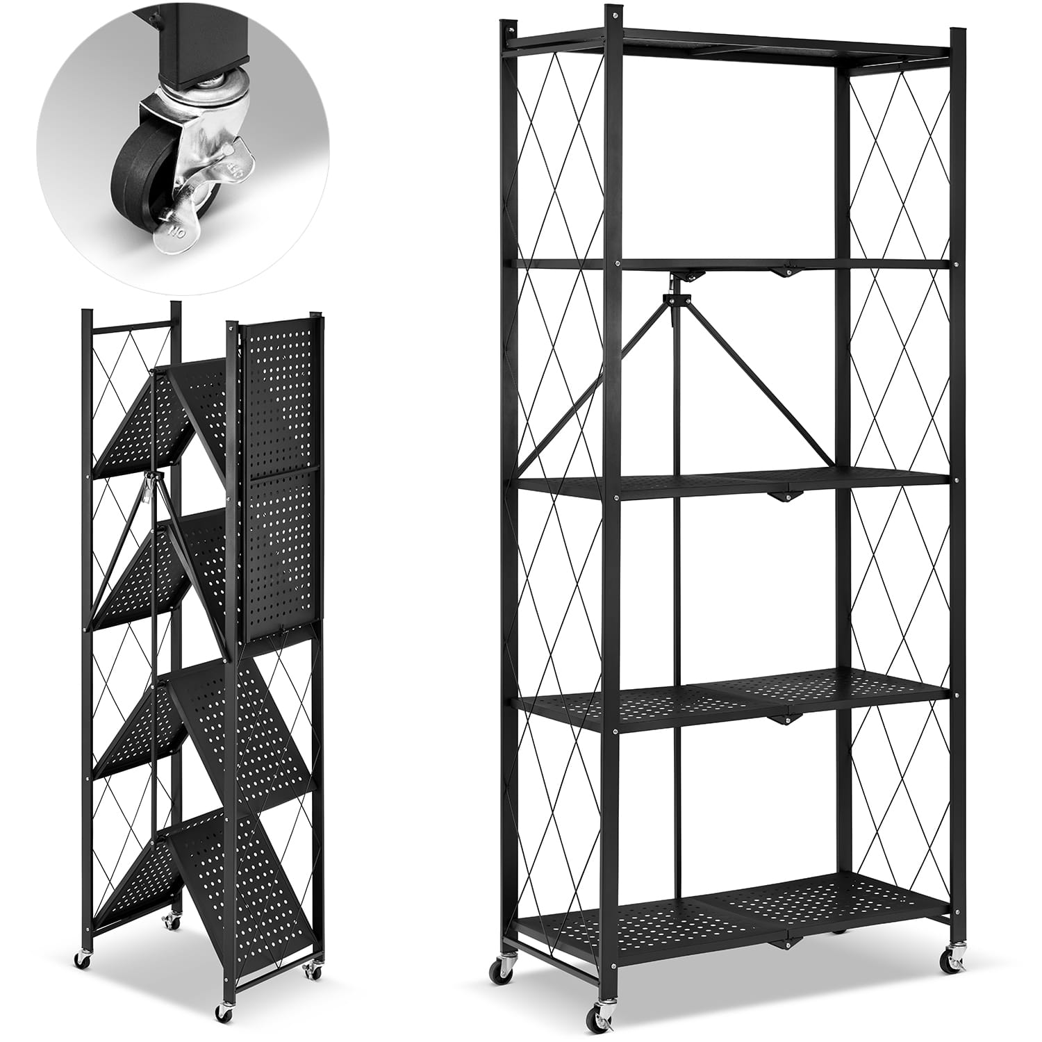 Metalen opbergrek op wielen - opvouwbaar - 5 planken - zwart