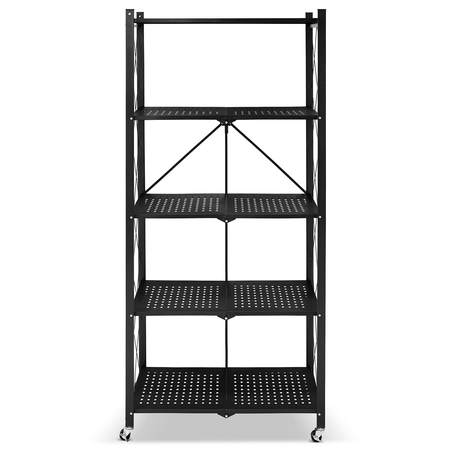 Metalen opbergrek op wielen - opvouwbaar - 5 planken - zwart