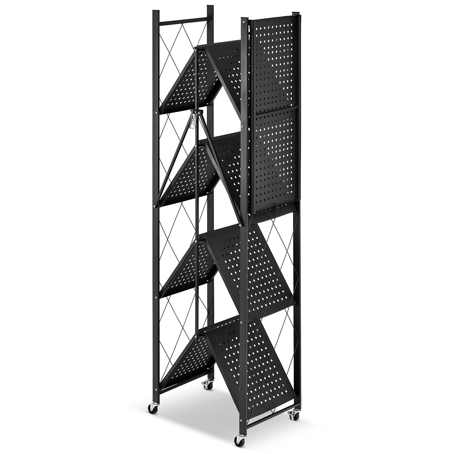 Metalen opbergrek op wielen - opvouwbaar - 5 planken - zwart