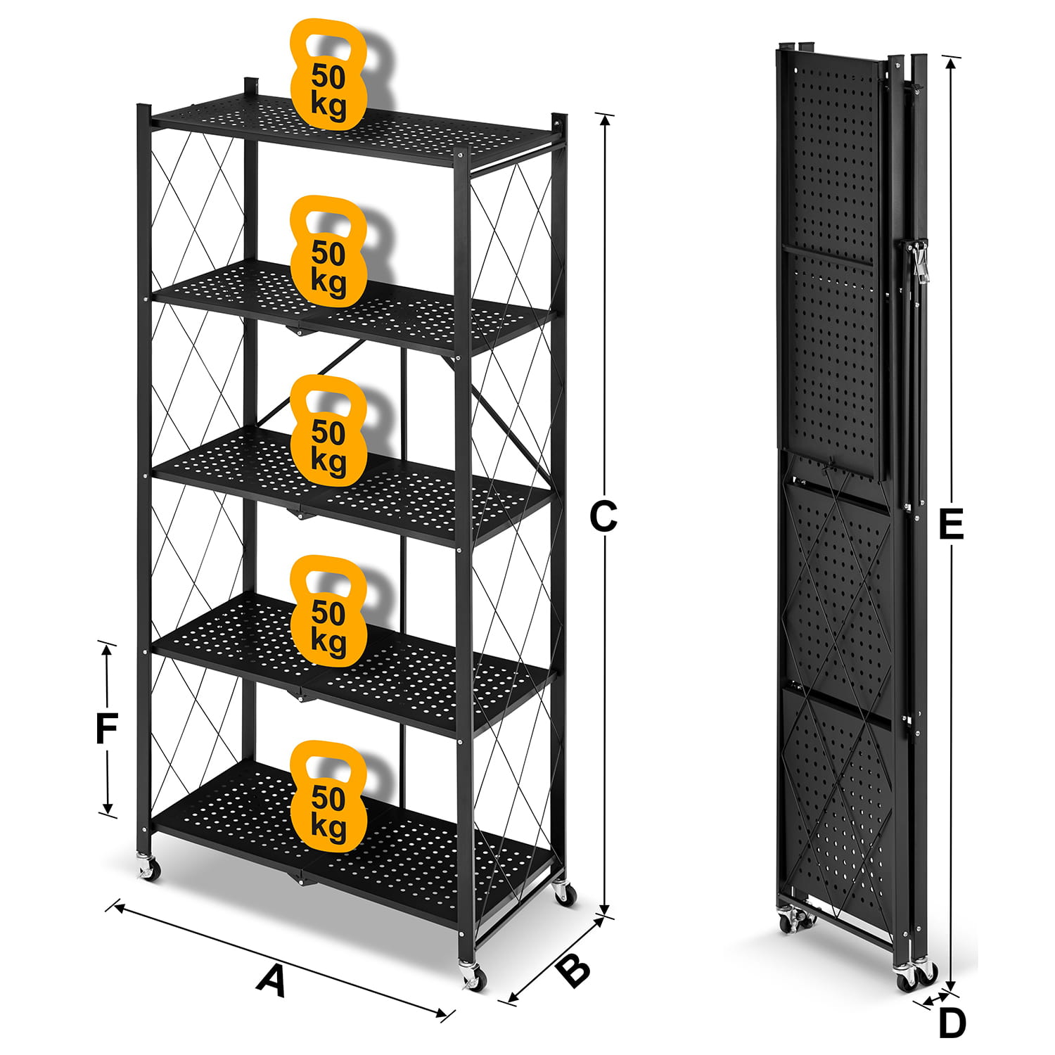 Metalen opbergrek op wielen - opvouwbaar - 5 planken - zwart