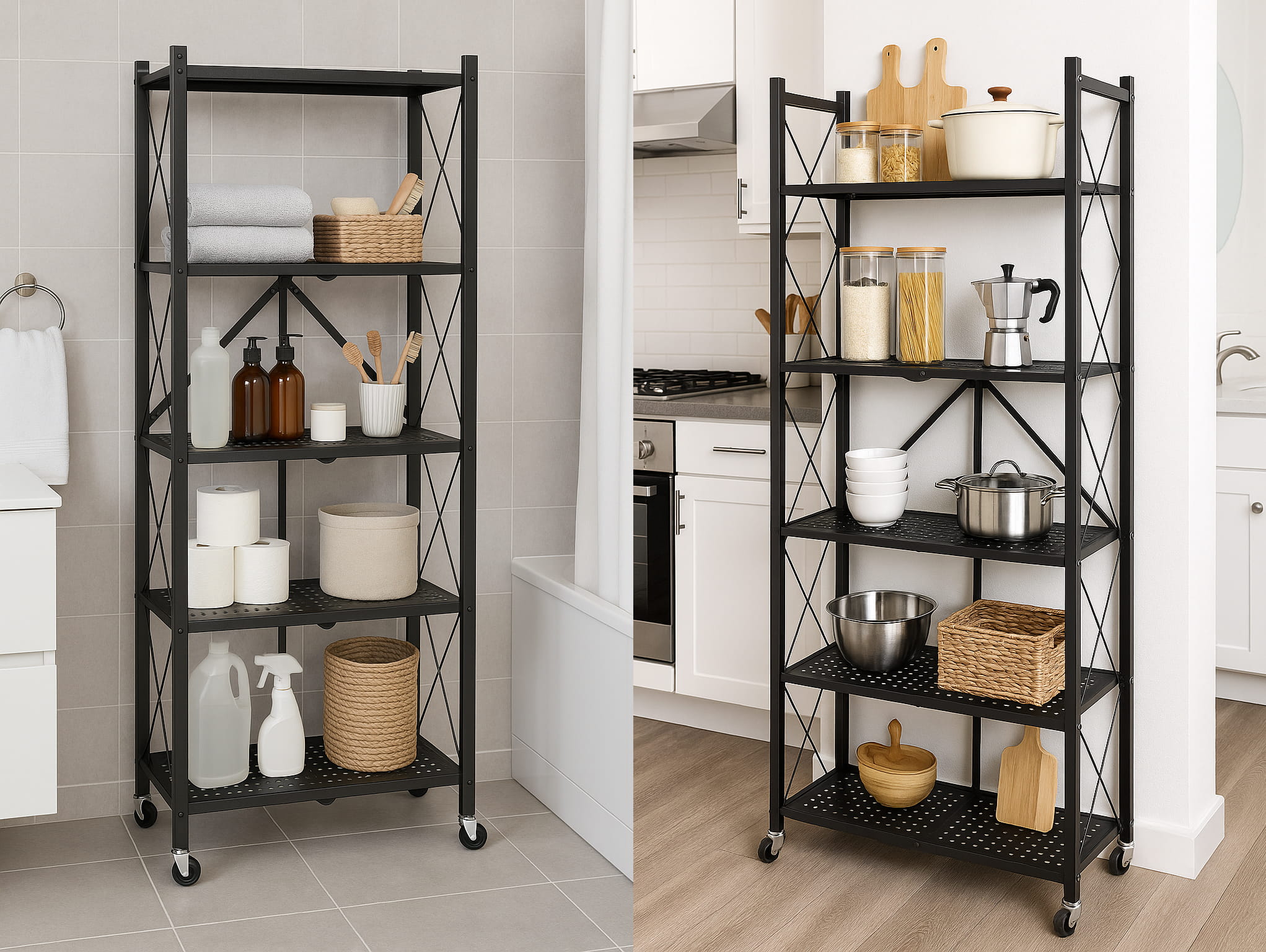 Metalen opbergrek op wielen - opvouwbaar - 5 planken - zwart