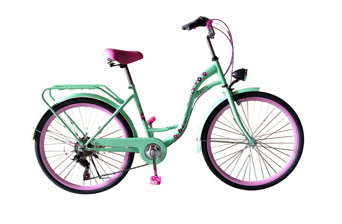 Meisjesfiets 26 inch - 7 versnellingen - mintgroen met roze