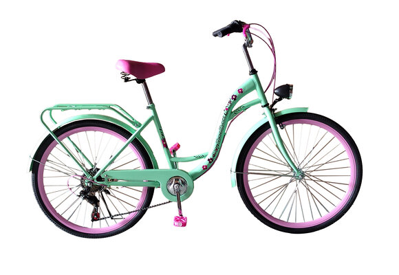 Meisjesfiets 26 inch - 7 versnellingen - mintgroen met roze