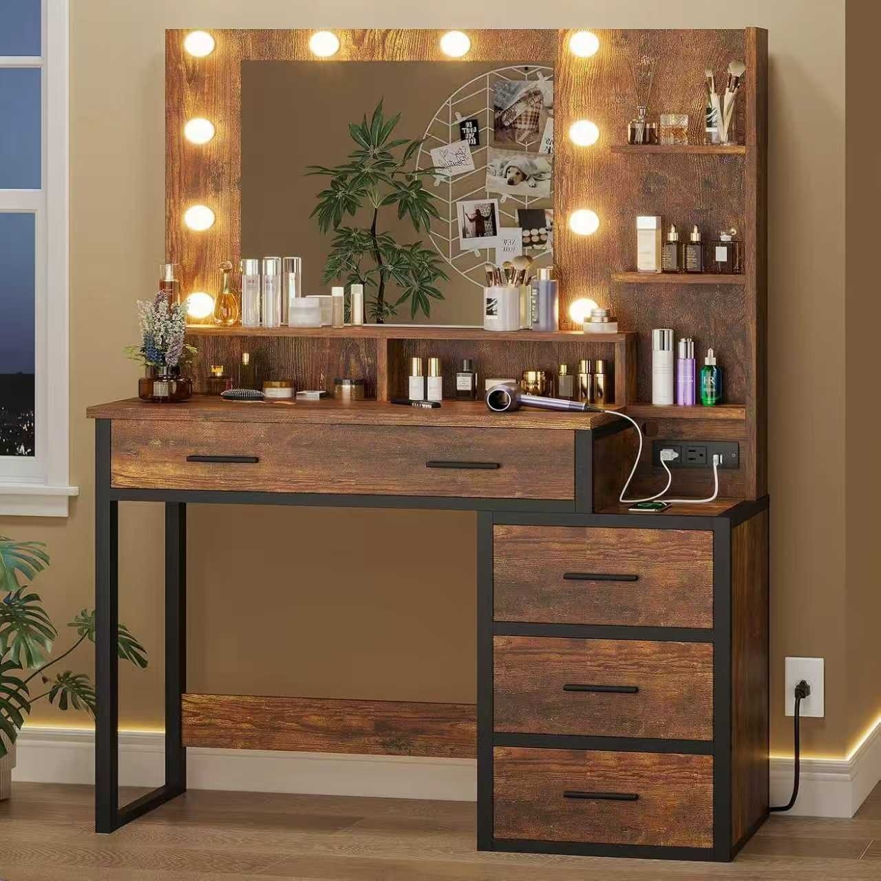 Kaptafel met spiegel en licht 92x40x143 cm – stopcontact – industrieel