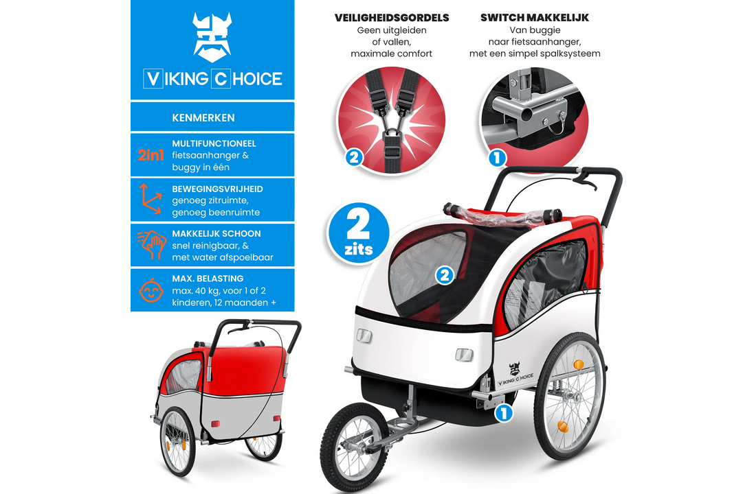 Fietskar kind - fietsaanhanger - 2-zits - schokbreker - rood