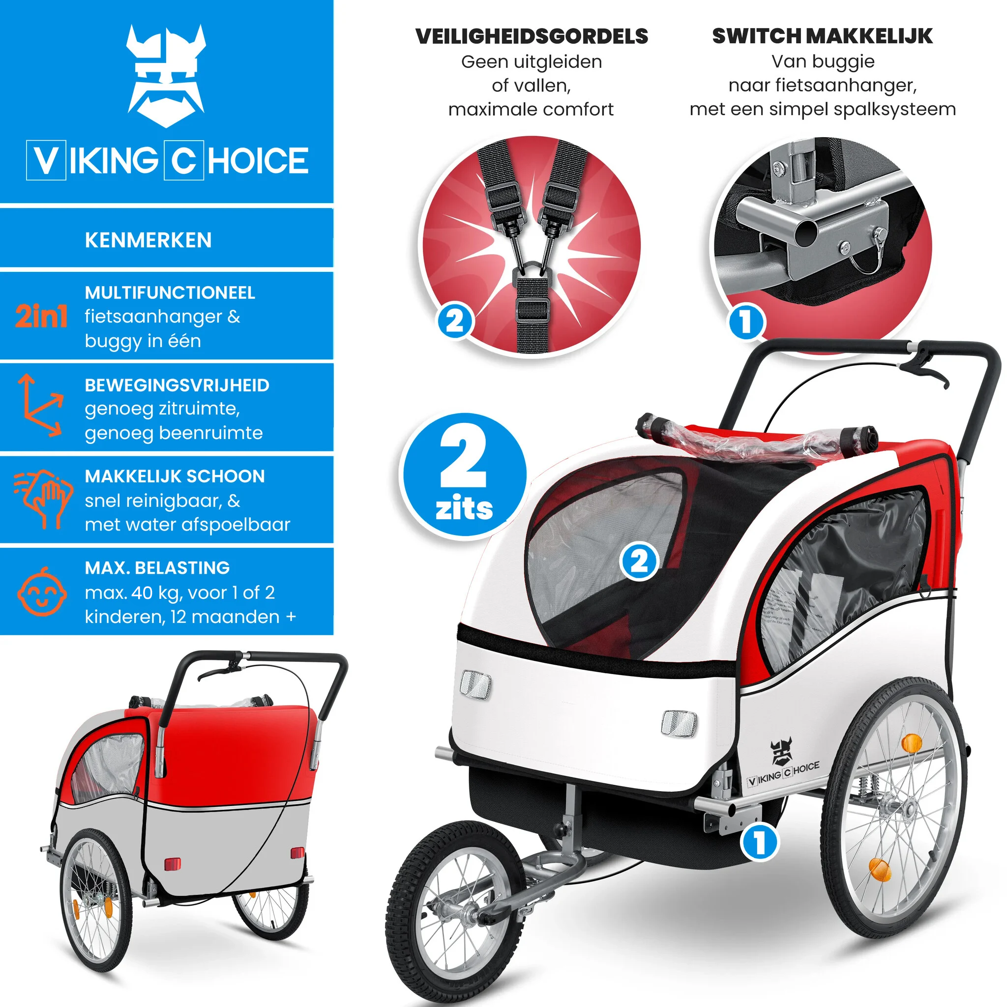 Fietskar kind - fietsaanhanger - 2-zits - schokbreker - rood