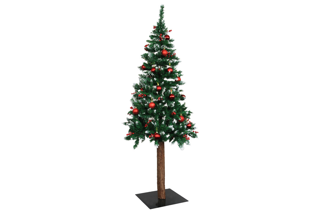 Kunstkerstboom 180 cm – sneeuw – rode kerstballen – houten stam