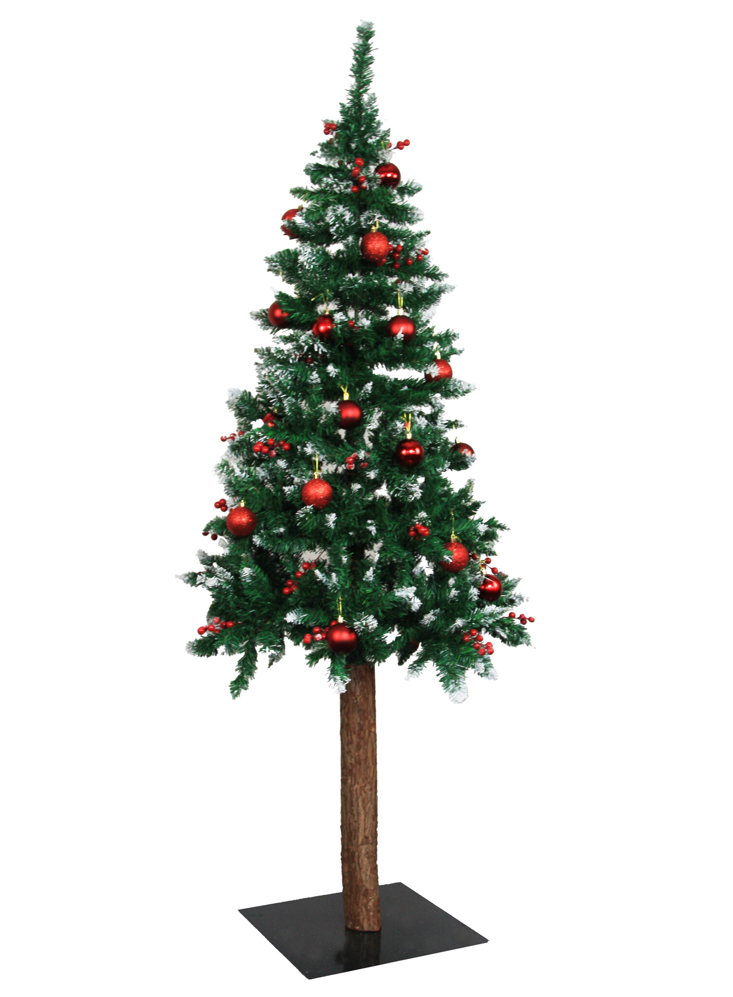 Kunstkerstboom 180 cm – sneeuw – rode kerstballen – houten stam