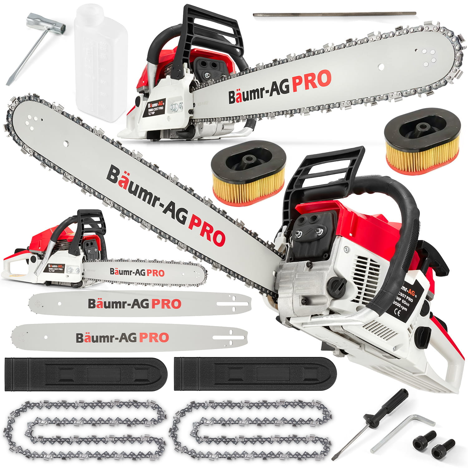 Benzine kettingzaag 65cc - 5,7 pk - met sterpunt en accessoires