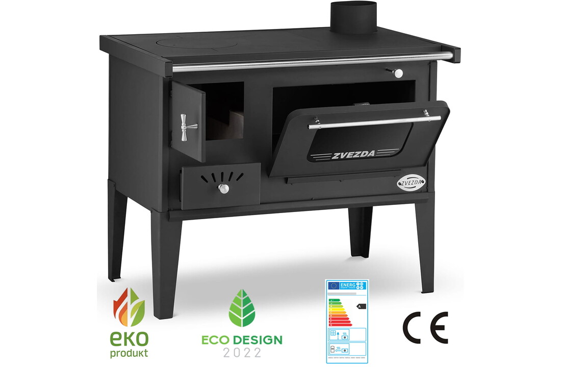 Houtfornuis met oven en kookplaat - 8 kW - ZVEZDA - zwart