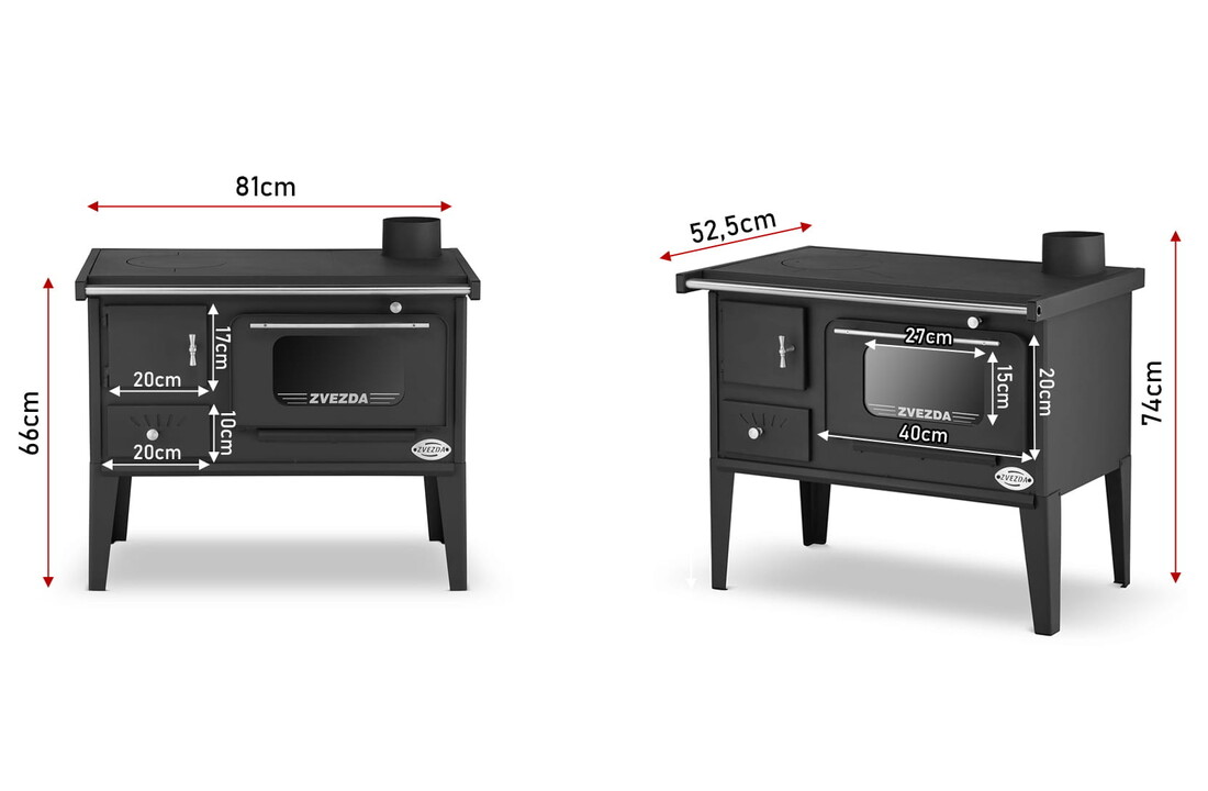 Houtfornuis met oven en kookplaat - 8 kW - ZVEZDA - zwart