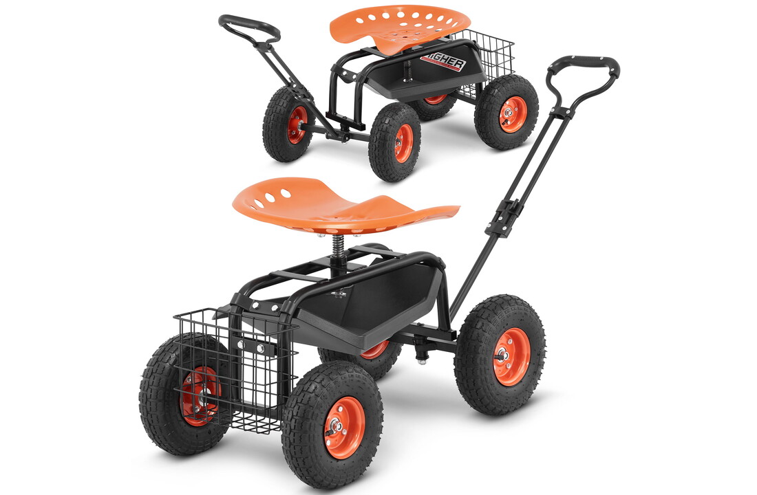 HIGHER Tuinwagen met Zwenkbaar Zadel en Opbergmand - 150 kg