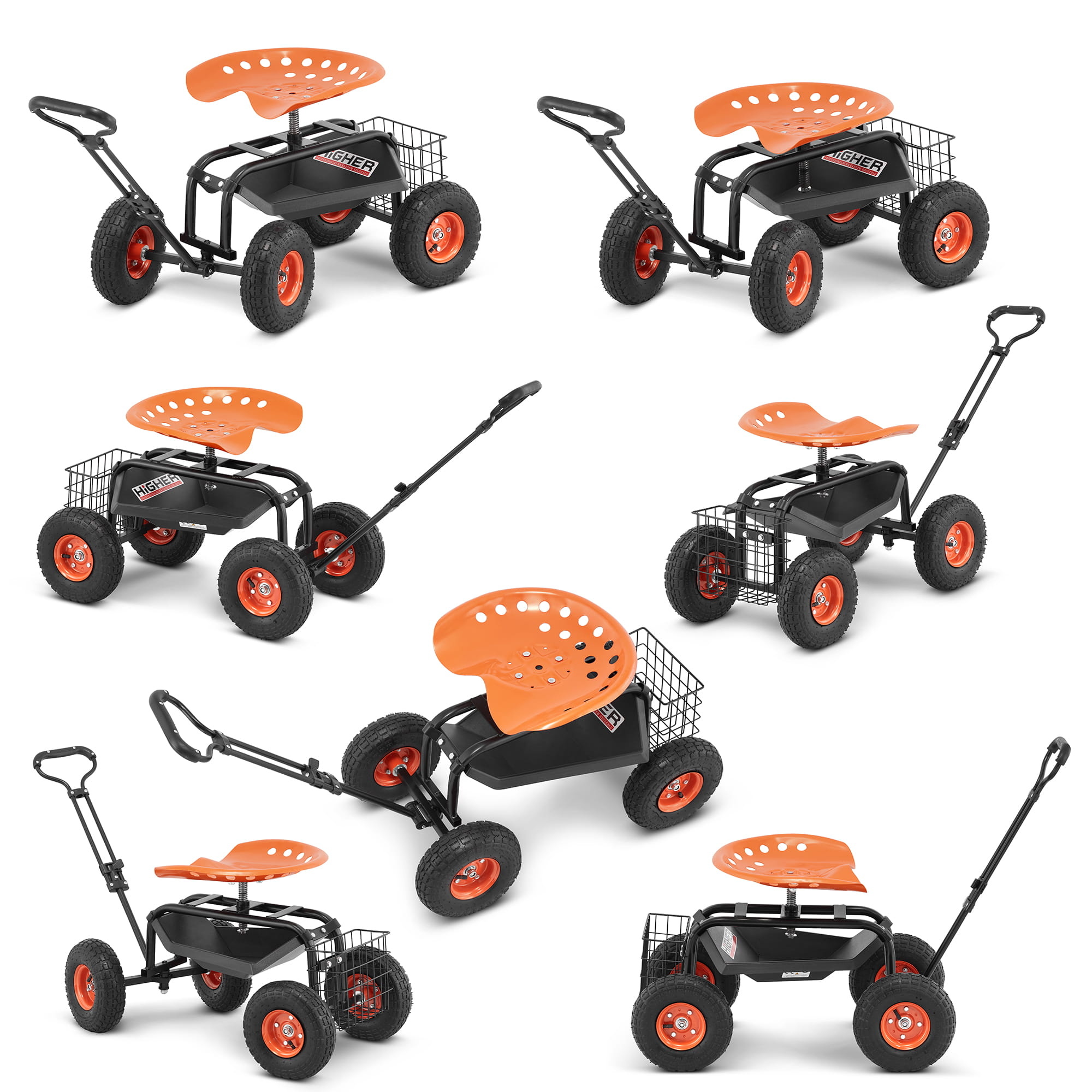 HIGHER Tuinwagen met Zwenkbaar Zadel en Opbergmand - 150 kg