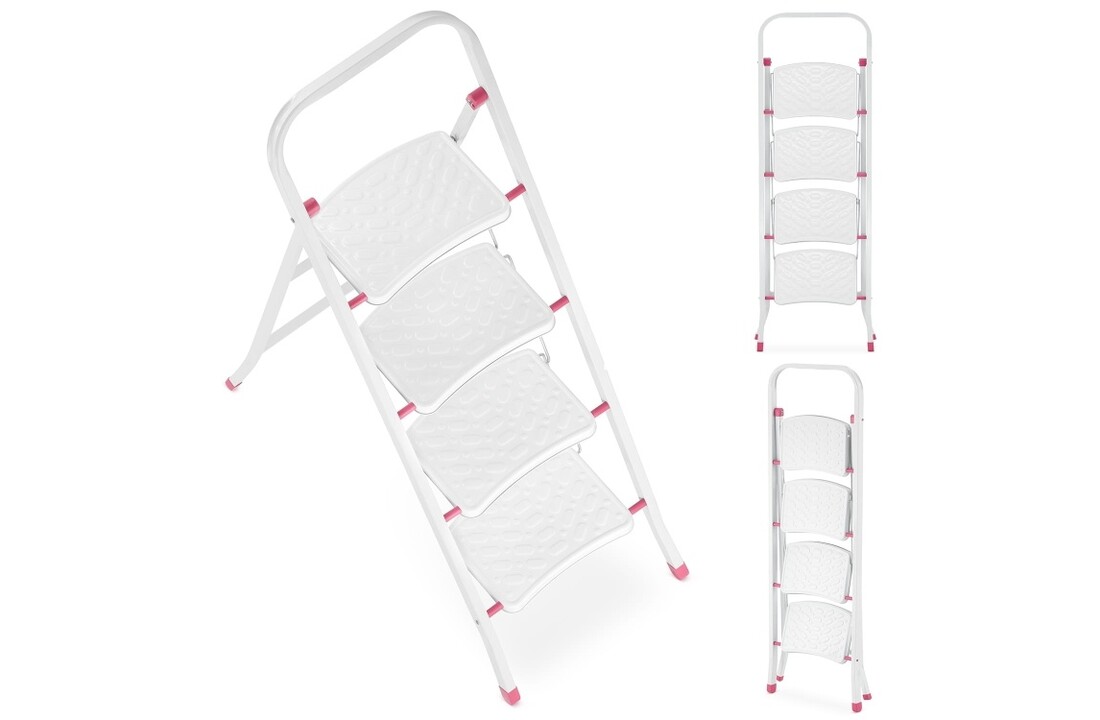 Huishoudtrap - 4 treden - opklapbaar - 90 cm hoog - wit/roze