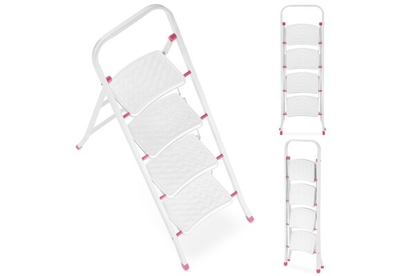 Huishoudtrap - 4 treden - inklapbaar - 90 cm hoog - wit/roze
