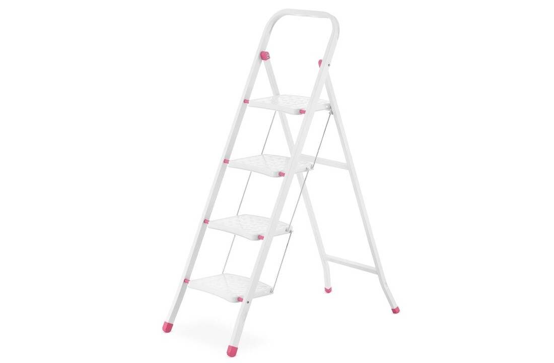 Huishoudtrap - 4 treden - inklapbaar - 90 cm hoog - wit/roze